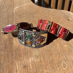 Colorful Bohemian Cuff and Red Bracelet Set